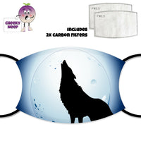 Face cover with a picture of a blue moon close up and in front of that is the silhouette of a wolf starting to howl. Also shown is a picture of the two carbon filters as supplied by Cheekyneep.com