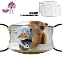 Picture of a horse making a funny face printed on a face cover and also a picture of the two replaceable carbon filters as supplied by Cheekyneep.com