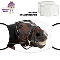 Picture of a horse smiling printed on a face cover and also a picture of two replaceable carbon filters as supplied by Cheekyneep.com