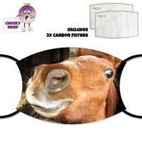 Picture of a chestnut horse face printed on a face cover and also a picture of two replaceable carbon filters as supplied by Cheekyneep.com