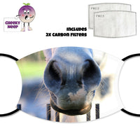 Close up picture of a horse's nose and mouth printed on a face cover and a picture of two replaceable carbon filters as supplied by Cheekyneep.com