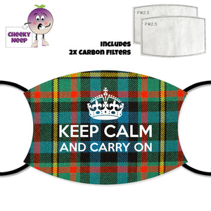 Ghillies Ancient Tartan face cover with the slogan "Keep Calm and Carry On" printed across the cover. Also pictured are two carbon filters. All as supplied by Cheekyneep.com