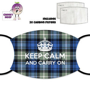 Lamont Ancient Tartan face cover with the slogan "Keep Calm and Carry On" printed across the cover. Also pictured are two carbon filters. All as supplied by Cheekyneep.com