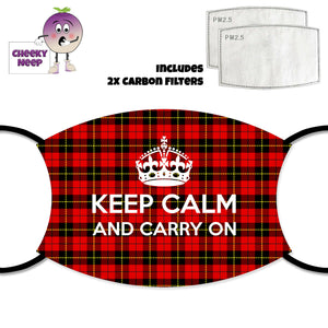 Royal Stewart Tartan face cover with the slogan "Keep Calm and Carry On" printed across the cover. Also pictured are two carbon filters. All as supplied by Cheekyneep.com