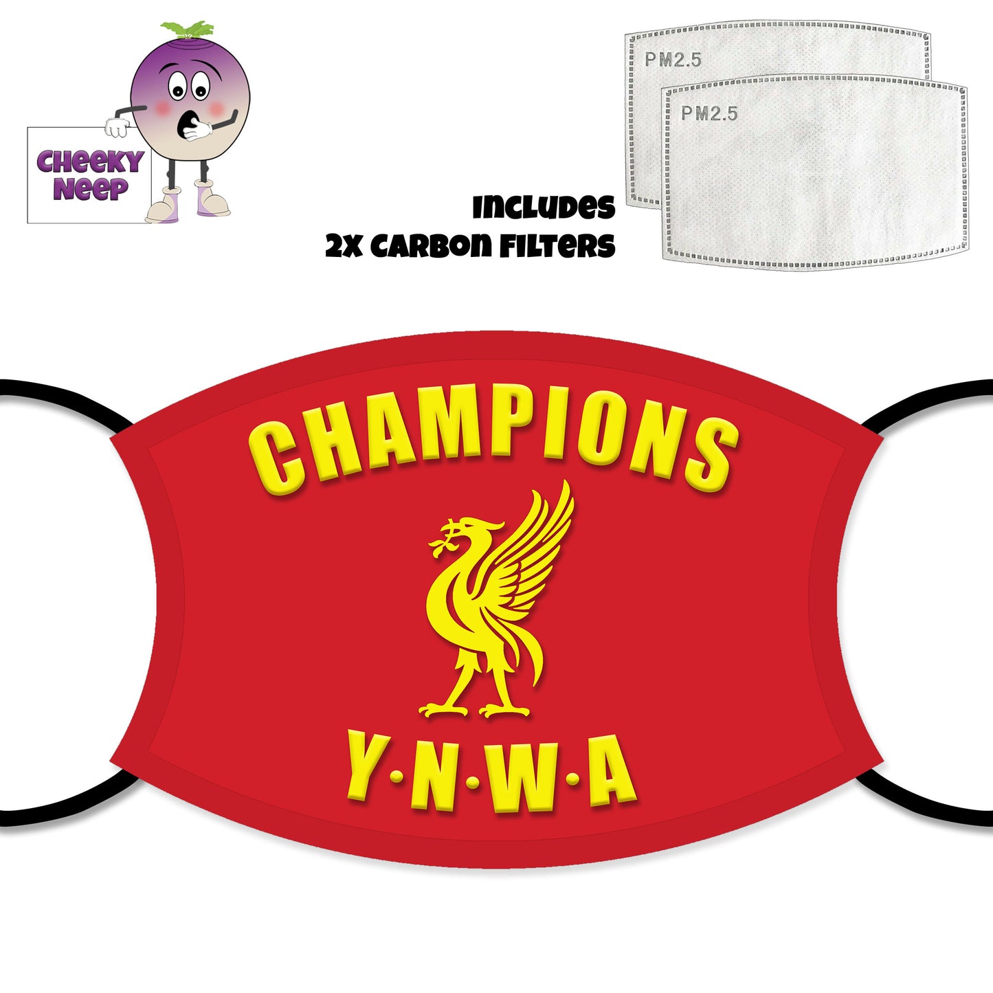 Picture of a yellow Liver Bird on a red background along with the slogan "Champions YNWA" on a face cover and two carbon filters as supplied by Cheekyneep.com