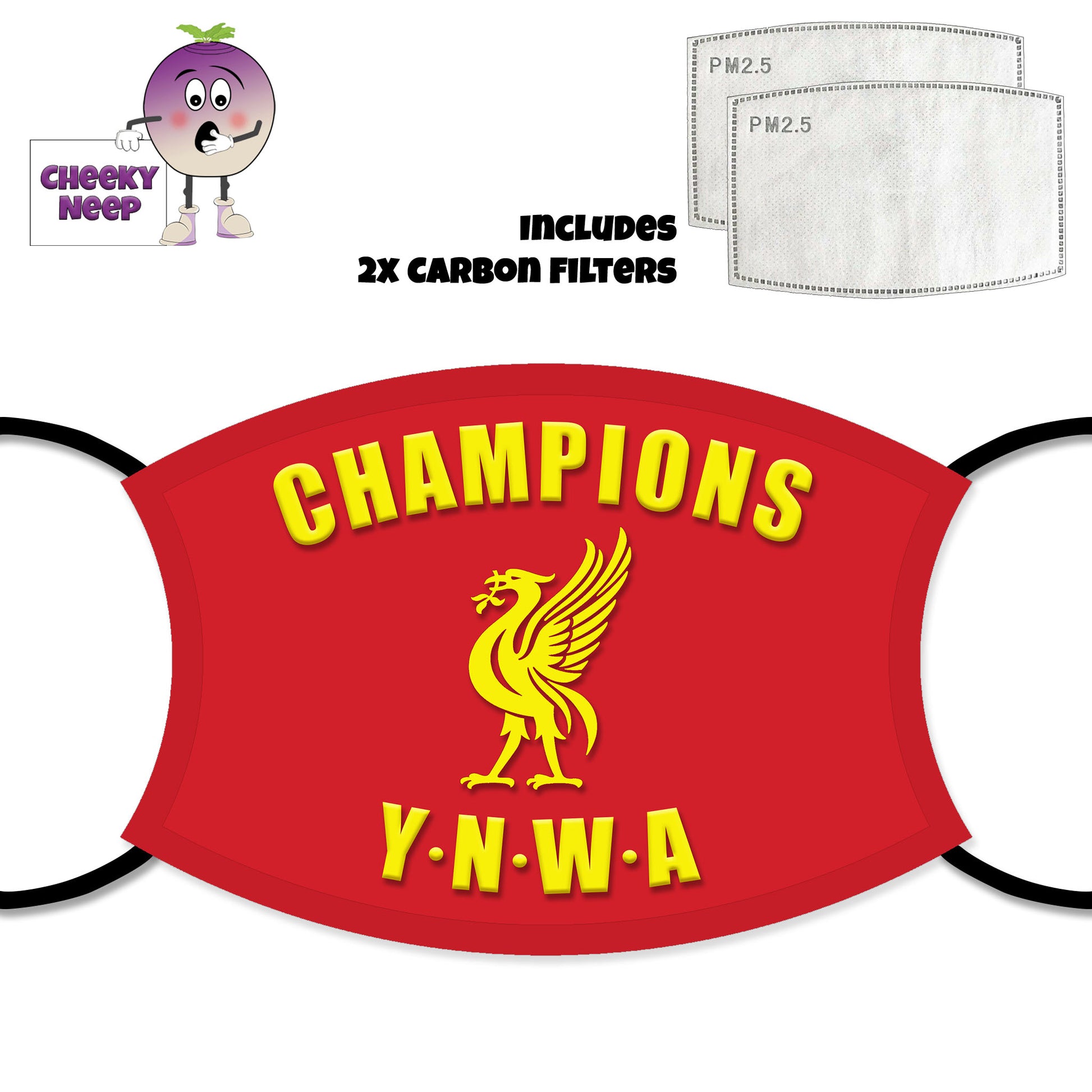 Picture of a yellow Liver Bird on a red background along with the slogan "Champions YNWA" on a face cover and two carbon filters as supplied by Cheekyneep.com