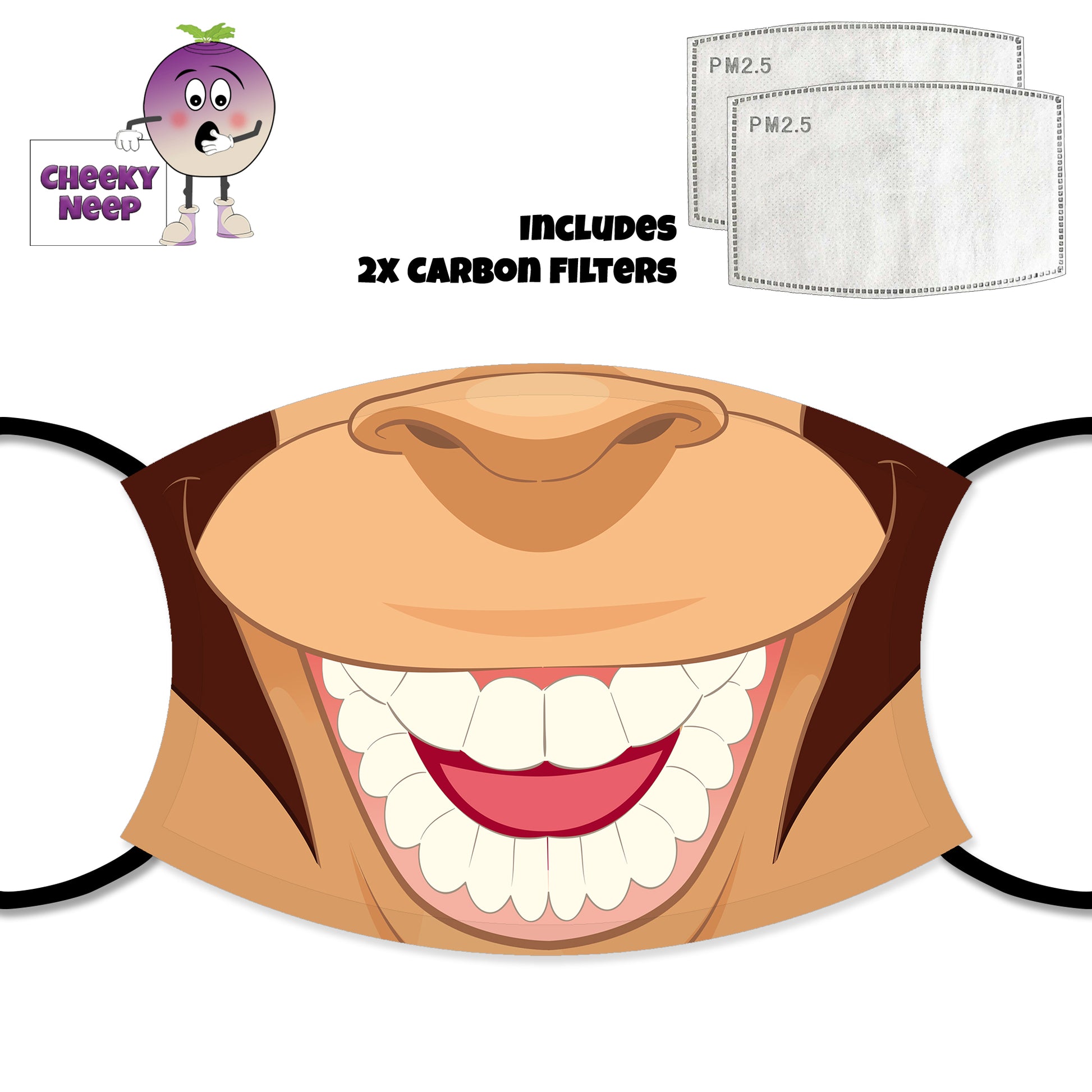 Cartoon monkey mouth with white teeth printed on a face cover. Also shown is a picture of the two carbon filters as supplied by Cheekyneep.com