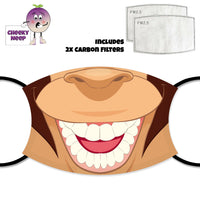Cartoon monkey mouth with white teeth printed on a face cover. Also shown is a picture of the two carbon filters as supplied by Cheekyneep.com