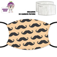 Picture of moustaches printed on a face cover together with a picture of two carbon filters as supplied by CheekyNeep.com