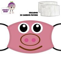 Picture of a pig's face on a face cover and two carbon filters as supplied by Cheekyneep.com