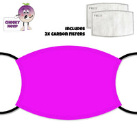 Plain pink coloured face cover. Additional picture of two replaceable carbon filters. All as supplied by Cheekyneep.com