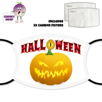 White face cover with a picture of a pumpkin jack-o-lantern above which is written the word Halloween in red text except that the O has been replaced by a yellow and orange monster tee. Also shown is a picture of the two carbon filters as supplied by Cheekyneep.com