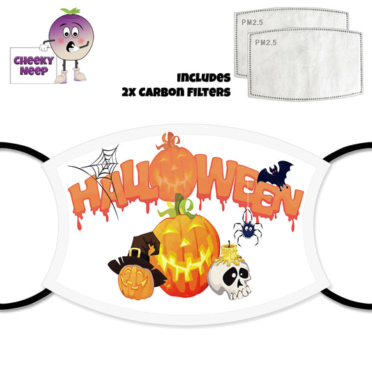 White face cover with a picture of a pumpkin jack-o-lantern with a witches hat next to a larger pumpkin Jack-O-Lantern and a white skull with a used candle on the head. Above these is the word Halloween in an orange text with red blood like drops falling off the text. The "o" in the word has been replaced by another Jack-o-lantern and there is a spiders web, spider and bat dotted around the text. Also shown is a picture of the two carbon filters as supplied by Cheekyneep.com