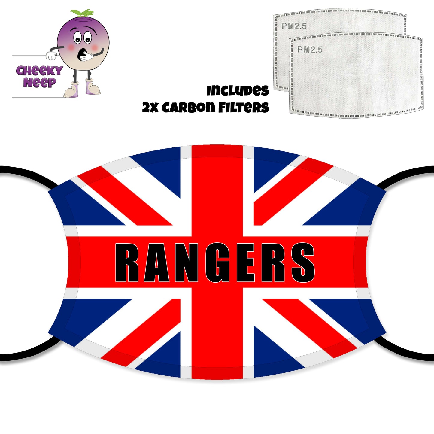 Picture of a union jack flag with the work "Rangers" written over the middle of the face cover and two carbon filters as supplied by Cheekyneep.com