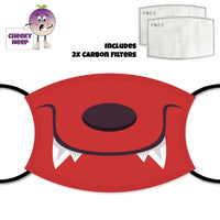 Red face cover with a picture of a smiling monster mouth with two sets of white fangs protruding from both corners of the smile and a long oblong shaped nose in the middle all printed onto the face cover. Also shown is a picture of the two carbon filters as supplied by Cheekyneep.com