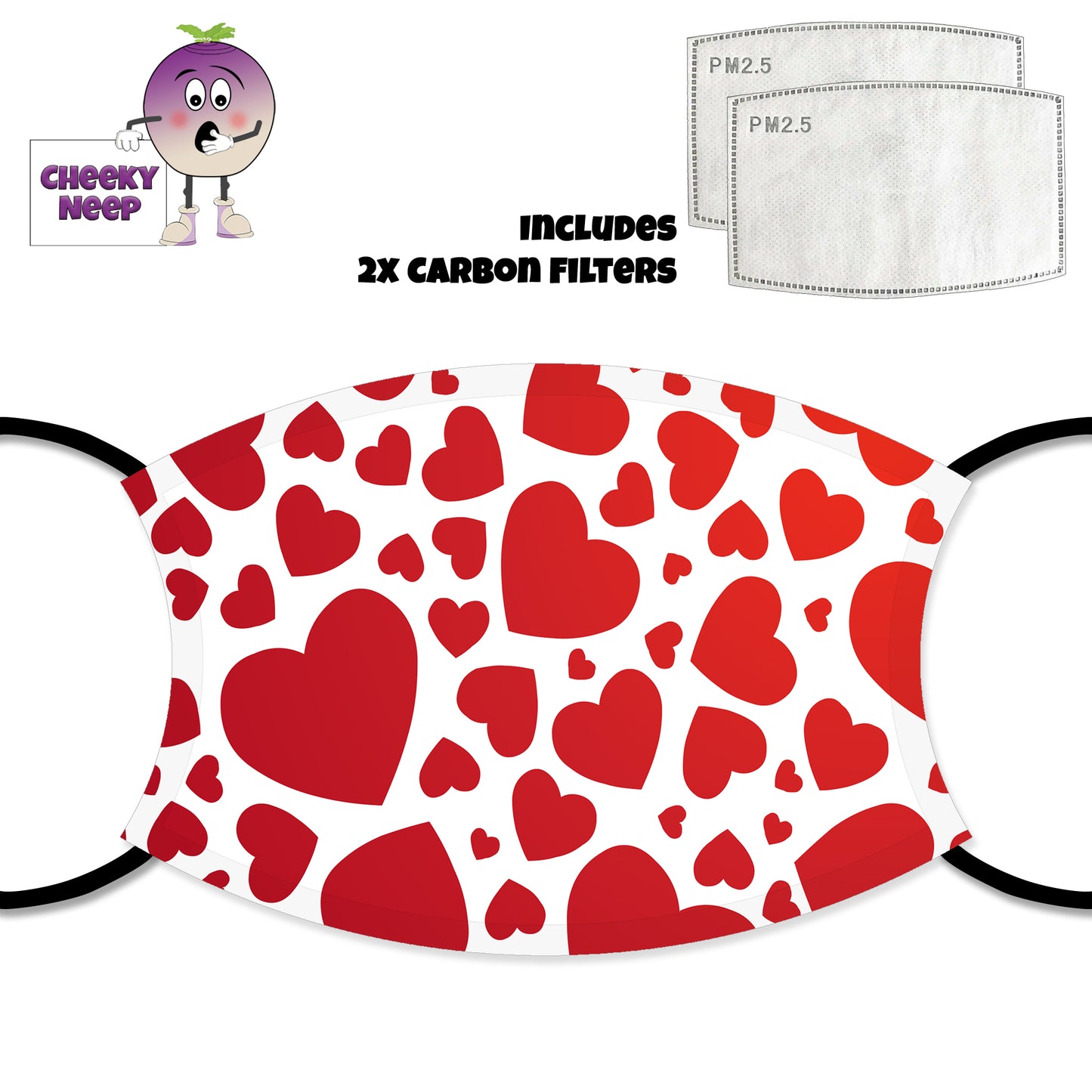 Red hearts printed on a face cover together with a picture of two carbon filters as supplied by CheekyNeep.com