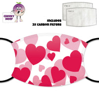 Red and pink hearts printed on a face cover together with a picture of two carbon filters as supplied by CheekyNeep.com