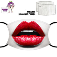 White face cover with a picture of bright red lips and pure white teeth . The lips are just slightly apart. Also shown is a picture of the two carbon filters as supplied by Cheekyneep.com