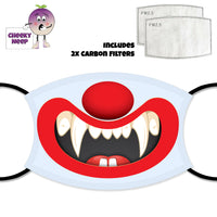 Picture of scary teeth and a red nose printed on a face cover together with a picture of two carbon filters as supplied by CheekyNeep.com