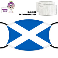 Face cover of Scottish flag and picture of the two carbon replacement filters as supplied by Cheekyneep.com