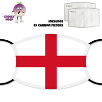 Face cover with a picture of the St George Flag on it together with two carbon filters as supplied by Cheekyneep.com