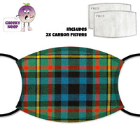 Tartan face cover printed on it together with a picture of the two carbon filters as supplied by Cheekyneep.com