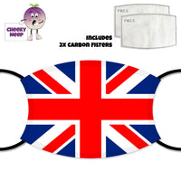 Face cover with the Union Jack Flag and two carbon filters as supplied by Cheekyneep.com