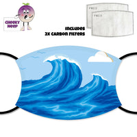 Face cover showing a picture of some large cartoon waves with white tops with a light blue sky and a white cloud. Some distant silhouettes of gulls are seen in the background. Also shown is a picture of the two carbon filters as supplied by Cheekyneep.com