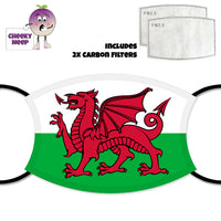Face cover with the Welsh Flag and two carbon filters as supplied by Cheekyneep.com