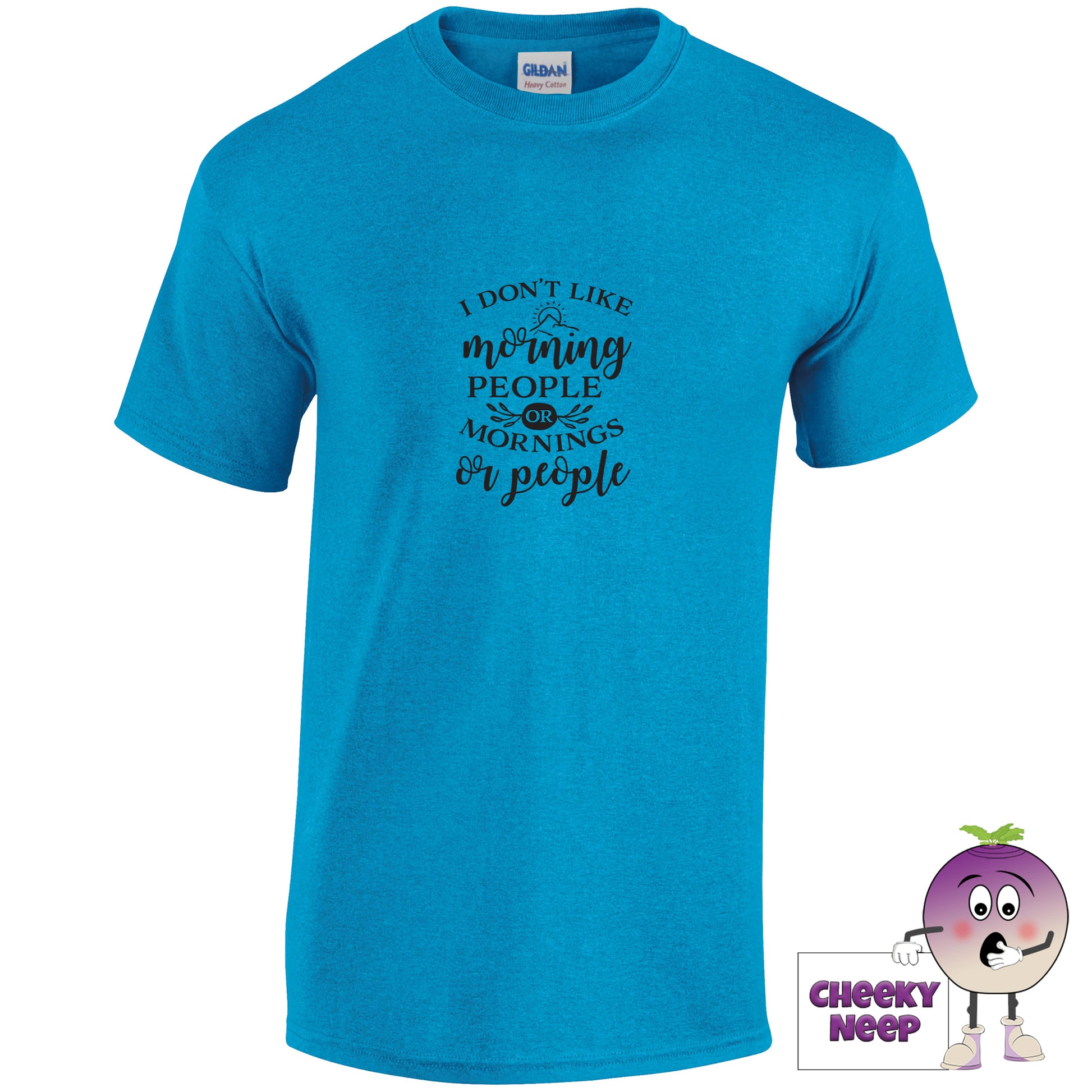 Heather sapphire with the slogan i dont like morning people or mornings or people printed on the front