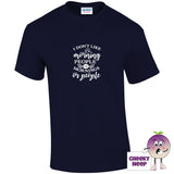 Navy tee with the slogan i dont like morning people or mornings or people printed on the front
