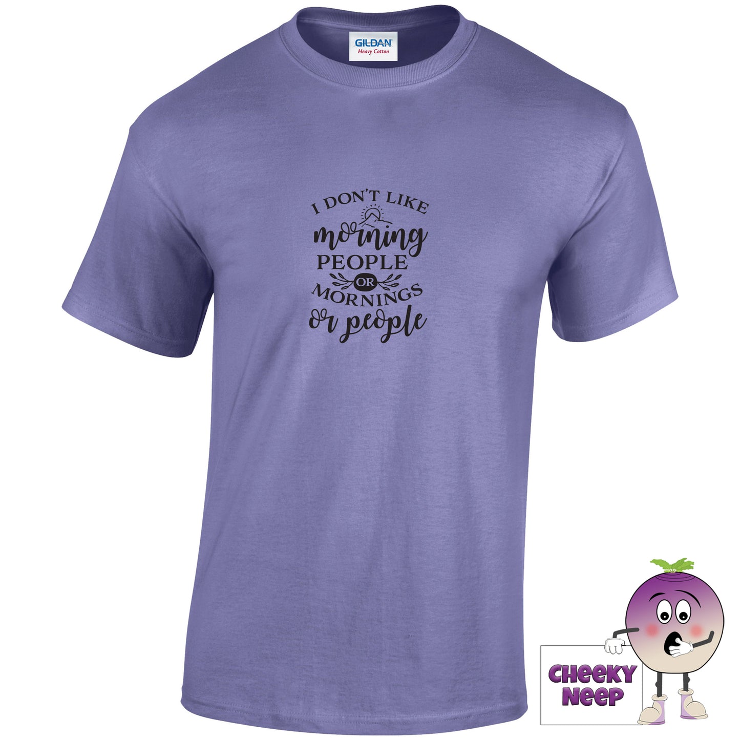 Violet tee with the slogan i dont like morning people or mornings or people printed on the front