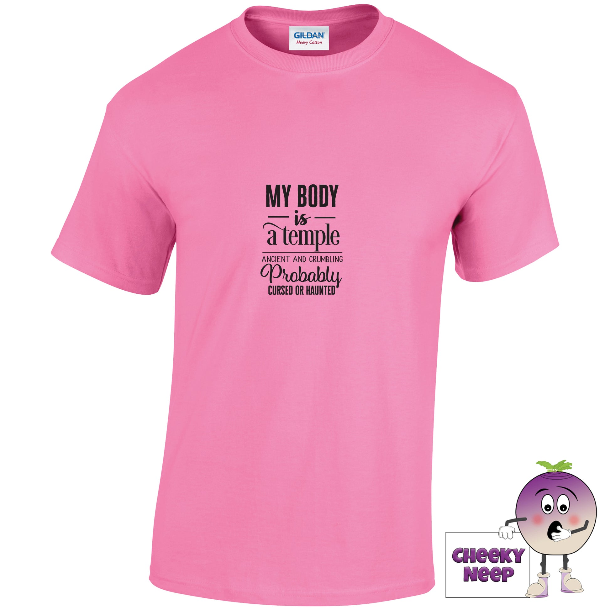 Azalea pink tee with the slogan my body is a temple ancient and crumbling probably cursed or haunted printed on the front