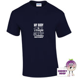 Navy tee with the slogan my body is a temple ancient and crumbling probably cursed or haunted printed on the front