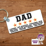 Rectangular plastic keyring with the words "Dad ***** Legend - DIY Master - Personal ATM - BBQ King - Fart Machine - Protector - Advisor - Friend - Joker - The Best" printed on both sides.