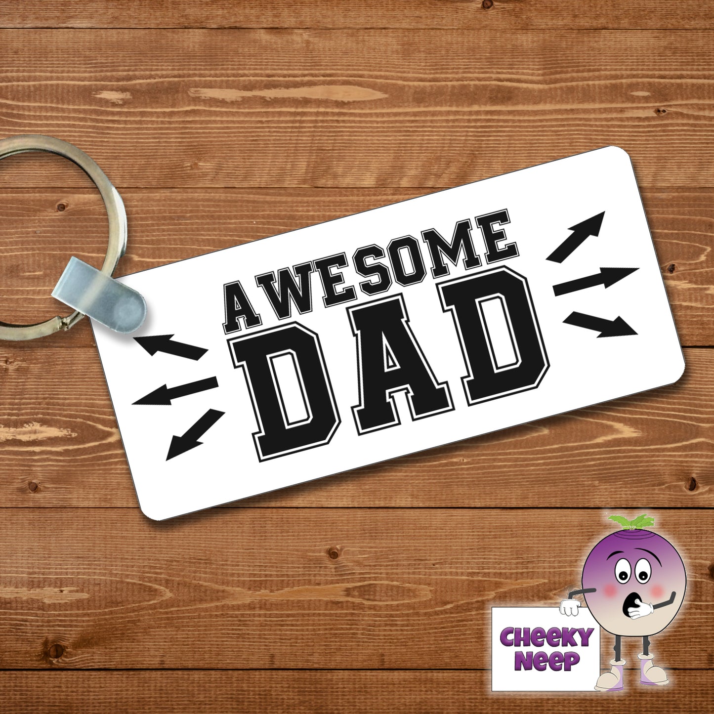 Rectangular plastic keyring with the words "Awesome Dad" printed on both sides.