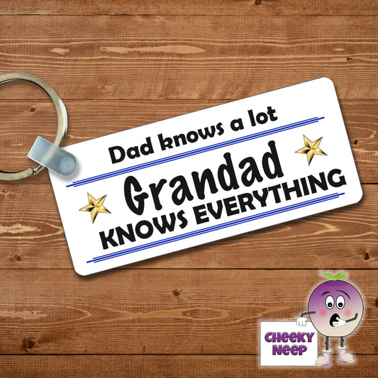 Rectangular keyring with the slogan "Dad knows a lot Grandad knows everything" and two gold stars printed on both sides of the keyring