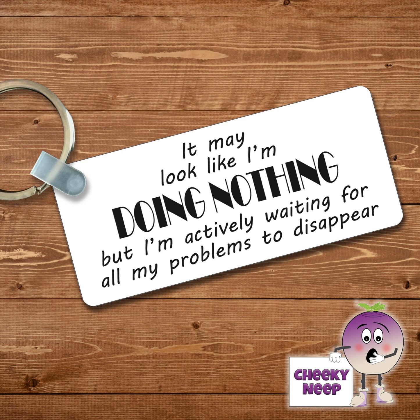 Rectangular plastic keyring with the words "It may look like I'm DOING NOTHING but I'm actively waiting for all my problems to disappear" printed on both sides.