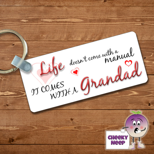 Rectangular keyring with the slogan "Life doesn't come with a manual it comes with a Grandad" printed on both sides