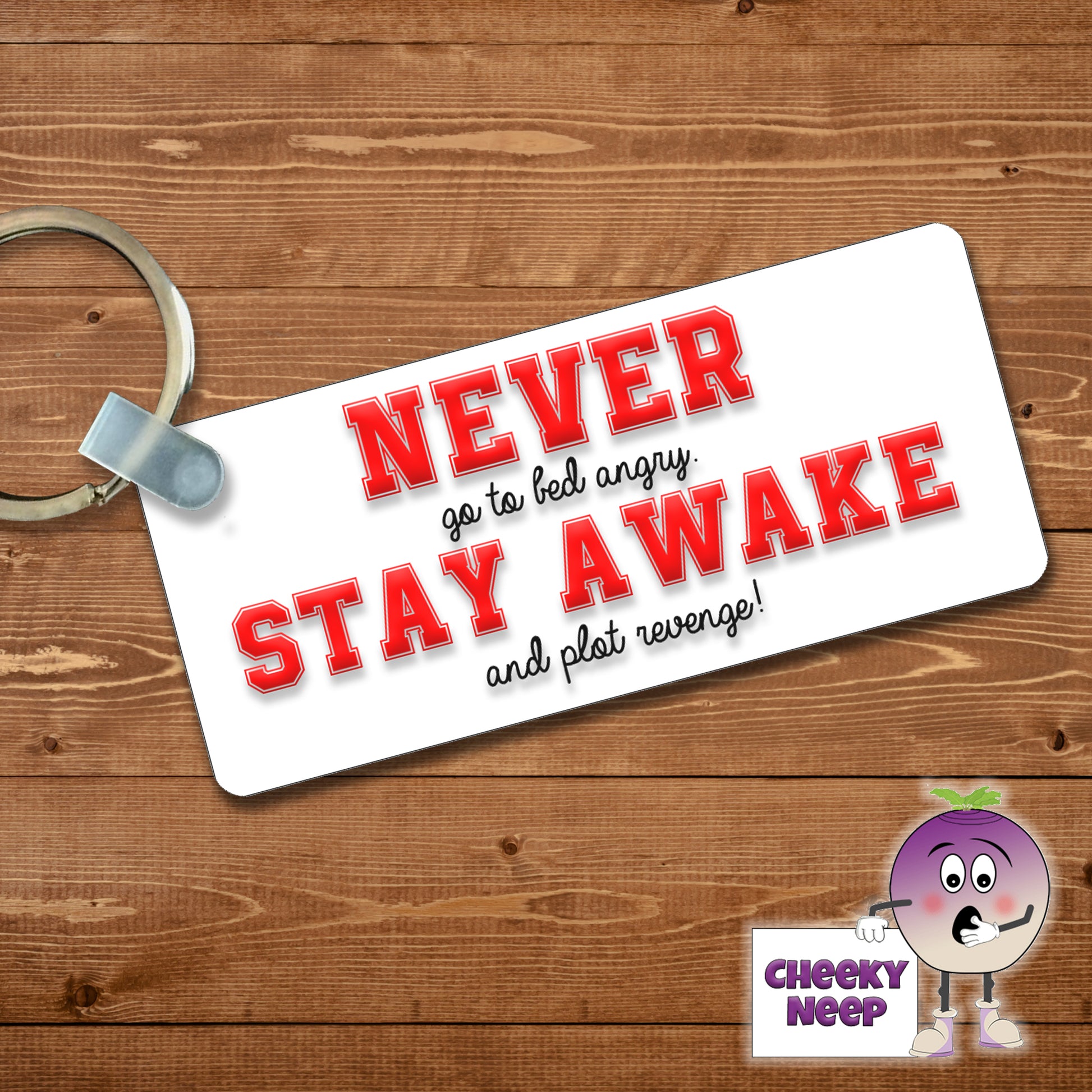 Rectangular plastic keyring with the words "Never go to bed angry Stay awake and plot revenge!" printed on both sides.