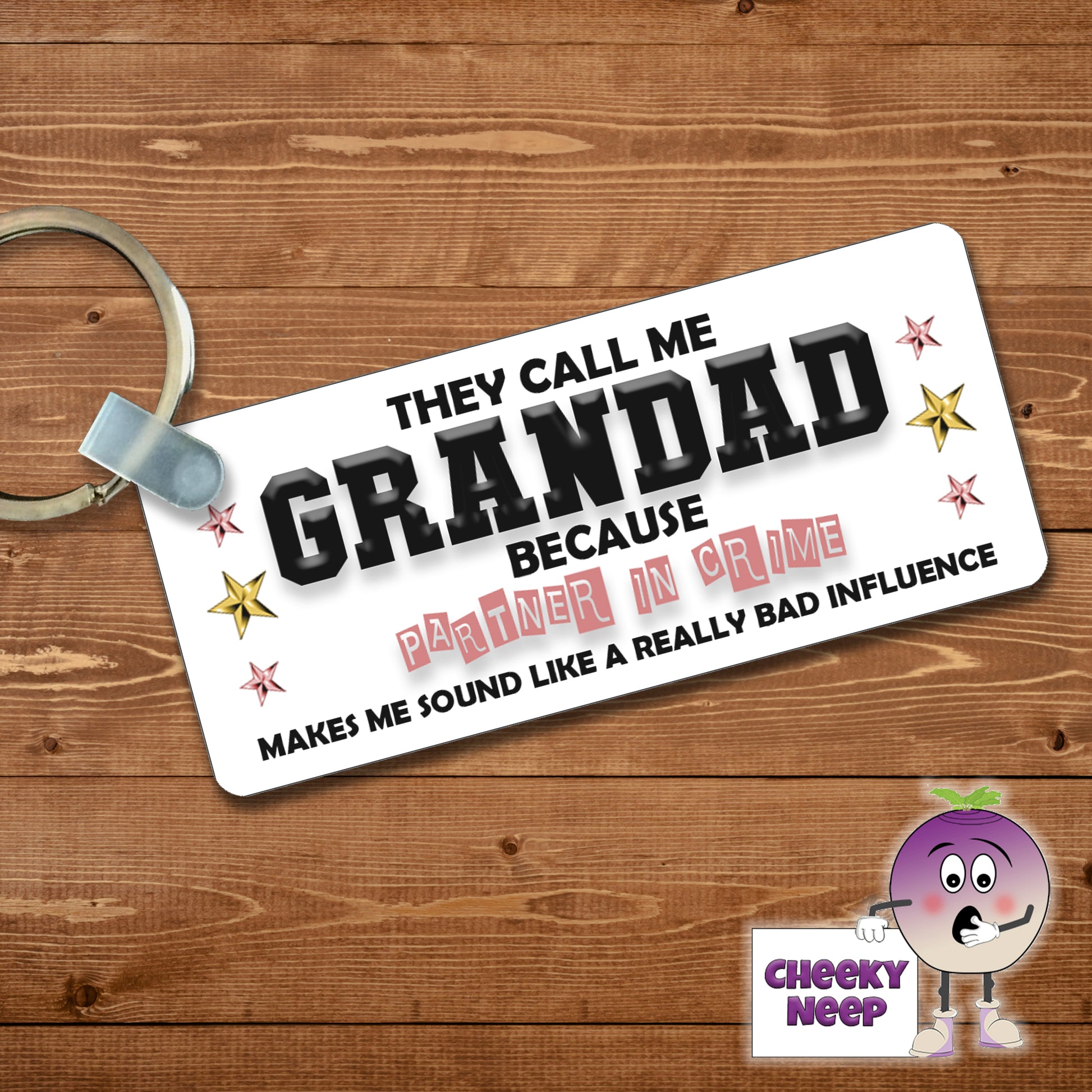 Rectangular plastic keyring with the slogan "They call me Grandad because Partner In Crime makes me sound like a Really Bad Influence"