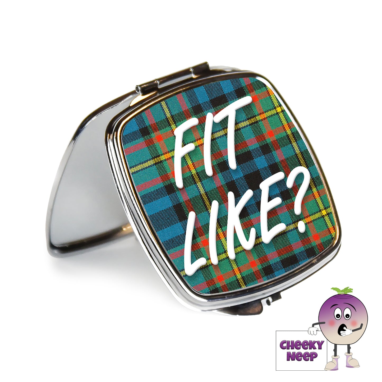 Square steel compact mirror with the words "Fit Like?" printed on the front of the mirror.