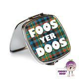 Square steel compact mirror with the words "Foos Yer Doos" printed on the front of the mirror.