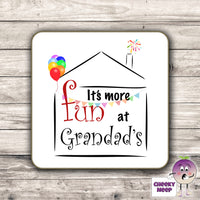 Square hardback coaster showing some coloured balloons and bunting along with the text 
