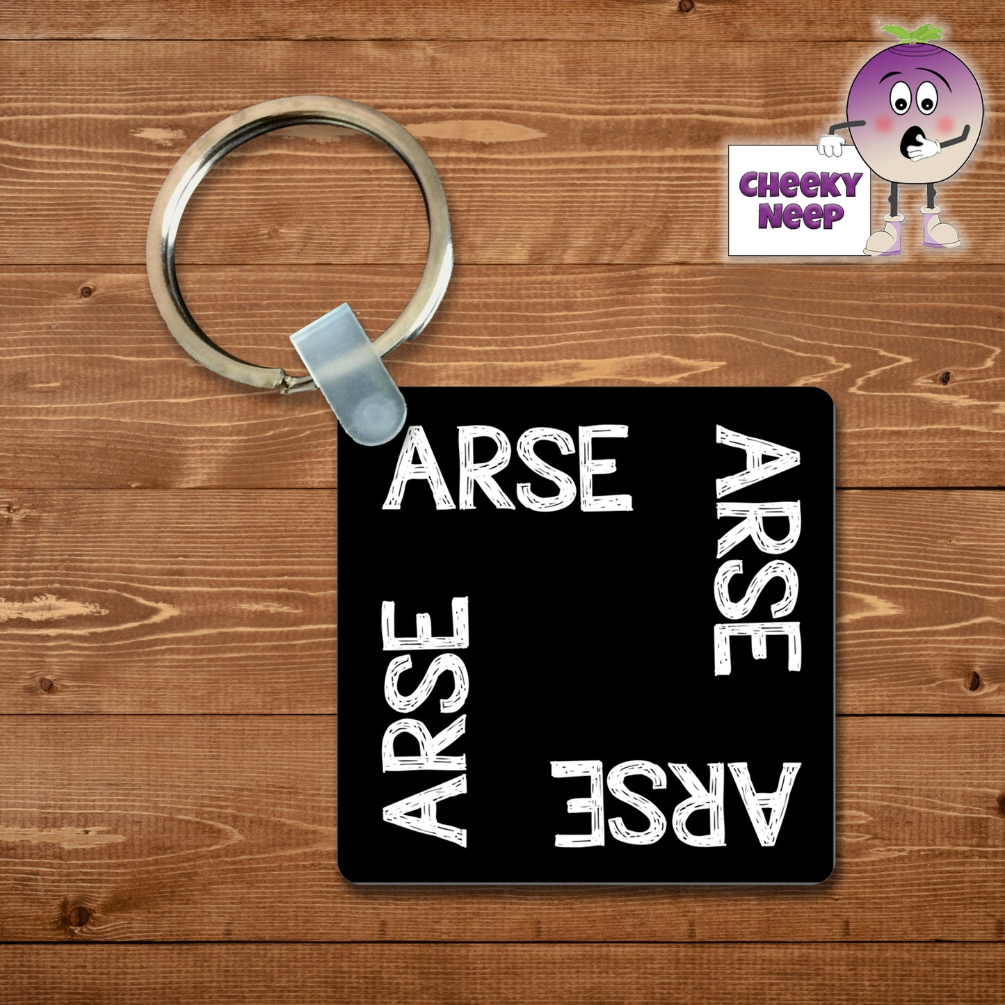 Black square keyring with the word "Arse" printed four times on the keyring as supplied by Cheekyneep.com