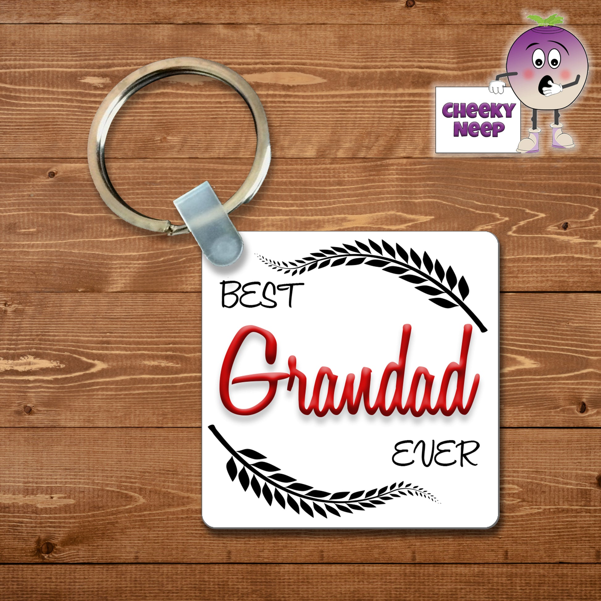 Square keyring with the slogan "Best Grandad Ever" printed on both sides