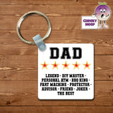 Square plastic keyring with the words "Dad ***** Legend - DIY Master - Personal ATM - BBQ King - Fart Machine - Protector - Advisor - Friend - Joker - The best" printed on both sides.