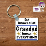 Square keyring showing the slogan "Dad knows a lot Grandad knows Everything" printed on both sides with two gold stars