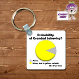 Square plastic keyring with the slogan "Probability of Grandad behaving? None" plus a pie chart showing the none.