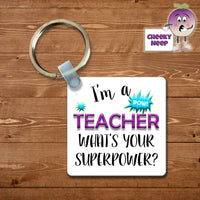 Square plastic keyring with the words 